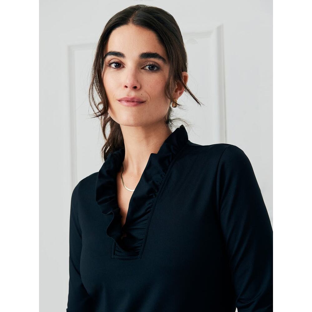 J. Mclaughlin Durham 3/4 Sleeve Ruffle Neckline Top Nylon Spandex Black S READ